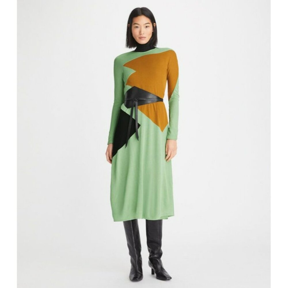 T-175. Tory Burch Color Block Honeycomb Jersey Dress Light Green Viridian